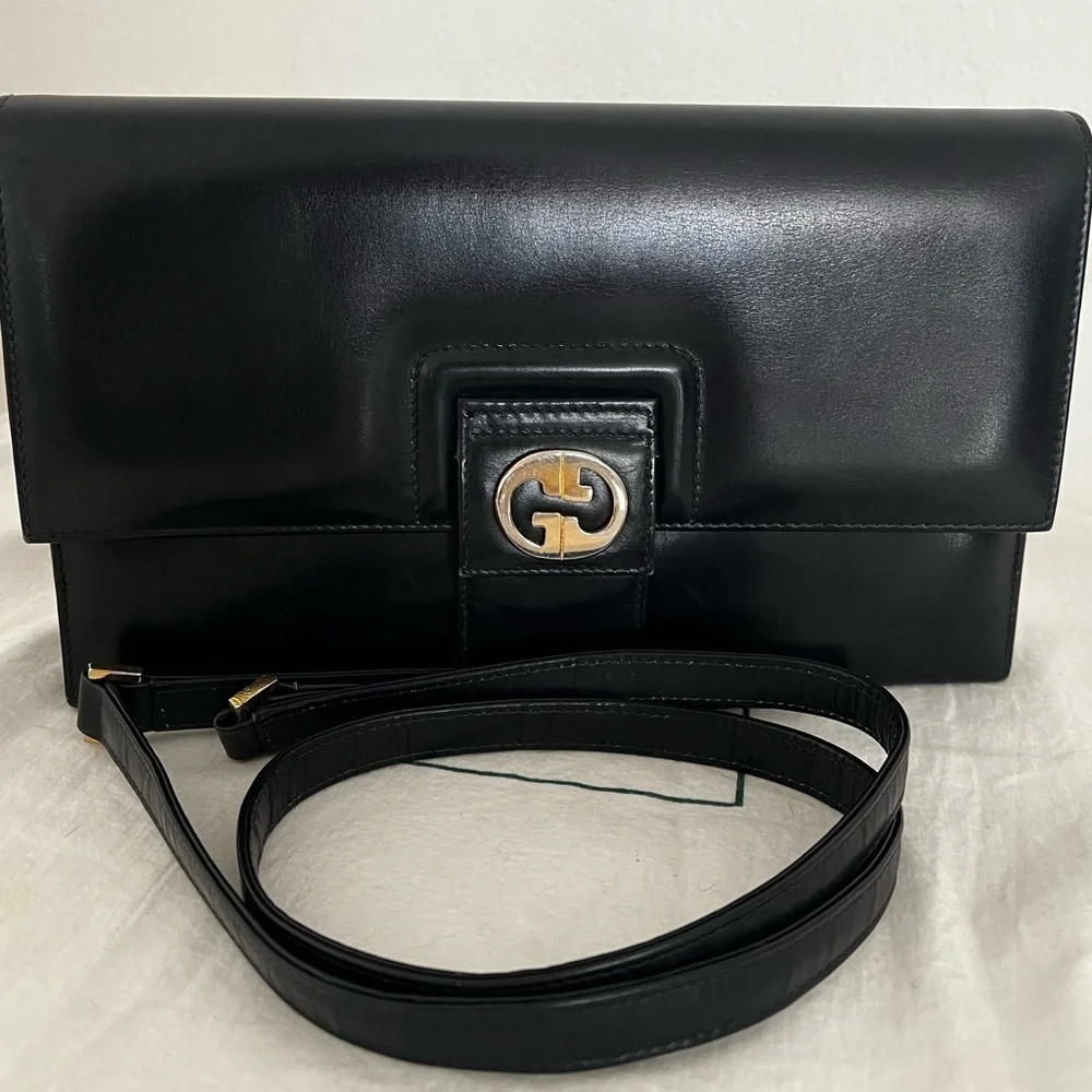 Rare Vintage Gucci Shoulder Clutch Bag Black Leather 1970s